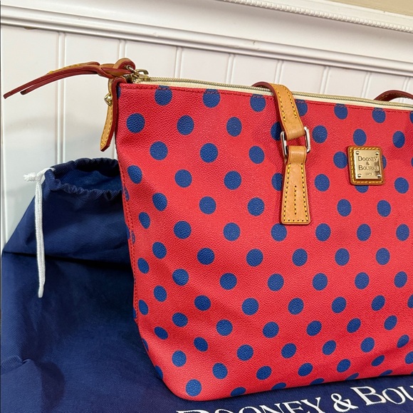Dooney & Bourke Red and Blue Polka Dot Tote with dust bag - Picture 3 of 12